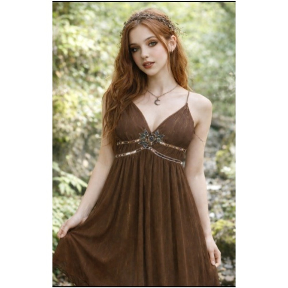 Chocolate Rose Y2K Brown Whimsigoth Fairycore Beaded Boho Midi Holiday Dress S